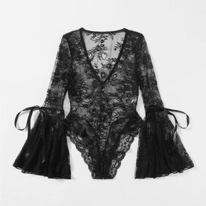 Black Lace Bell Sleeve Bodysuit